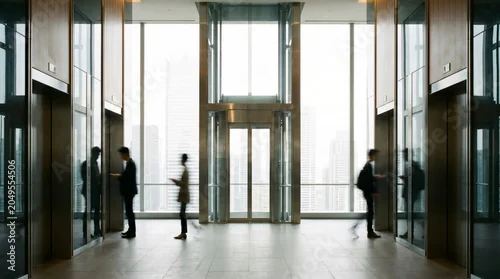 Obraz Business professionals navigate a brightly lit, contemporary corporate building lobby, featuring sleek elevators and modern architectural design, symbolizing urban efficiency and professional ambition
