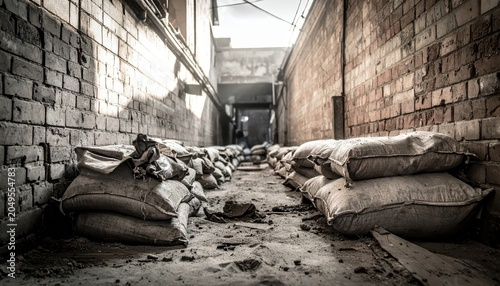 Torn Sandbags Spill Sand in a Decaying, Ruined Defensive Position Down a Gritty Alleyway