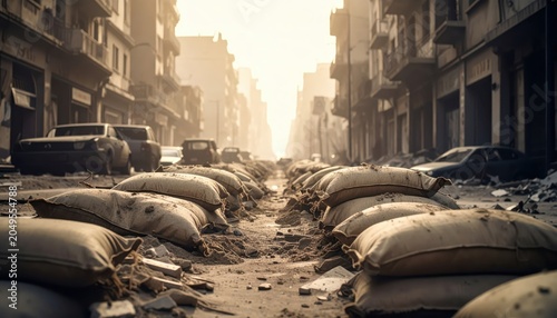 Torn Sandbags Stacked in Decaying Urban Defensive Position Amidst Conflict Debris and Dilapidated Buildings