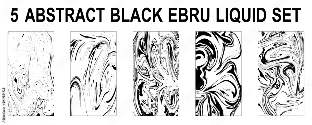 Obraz premium Abstract poster design with curves lines. Collection of black ebru liquid marble texture on white background. A4 size. Ideal for banner, flyer, invitation, cover, business card.
