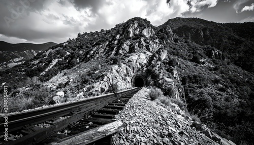 Twisted and broken train tracks lead to a dark, collapsed tunnel entrance within a rugged mountain landscape.