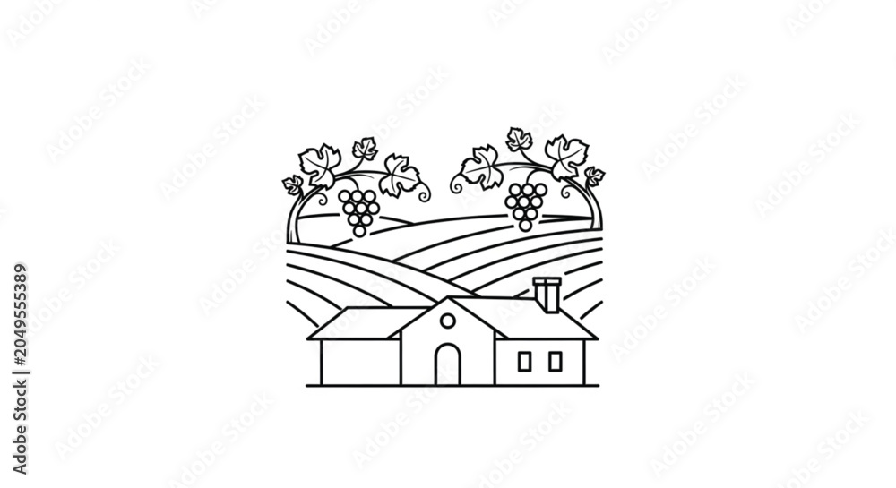 Naklejka premium Farmhouse with rolling hills and vineyard.