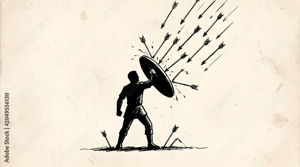 Naklejka premium A silhouette of a warrior holding a shield to block a barrage of raining arrows from the sky above