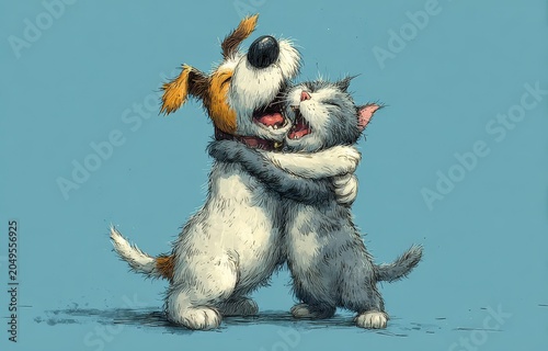 Cartoon illustration of a dog and cat embracing each other, showcasing friendship and affection against a solid blue background