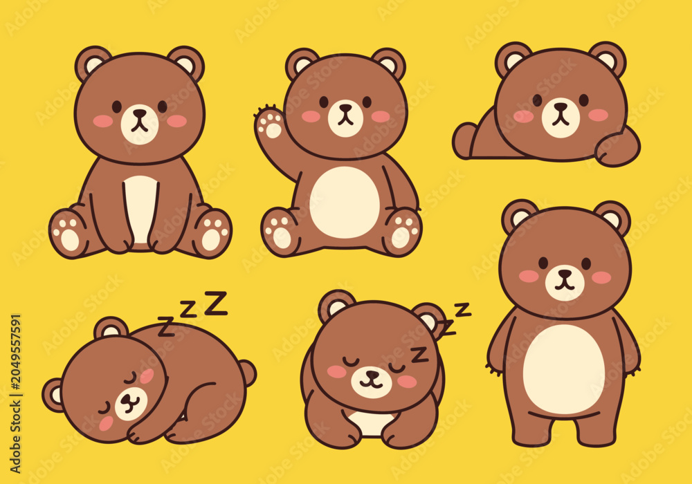 Fototapeta premium Collection of cute cartoon teddy bears in various poses on a bright yellow background, perfect for children's designs and decorations