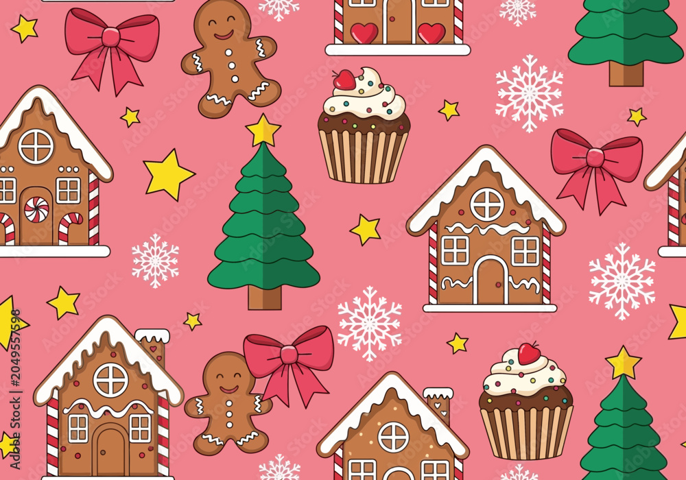Fototapeta premium Whimsical Christmas Pattern Featuring Gingerbread Houses, Cookies, and Festive Treats