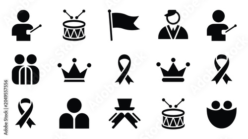 Foto Icon set featuring band members playing drums and holding flags for parades and events