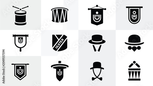 Fotografía Icon set of drums and heraldic banners and traditional bowler hats for heritage events