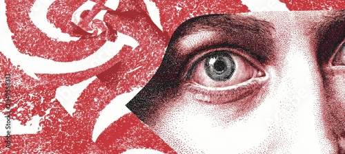 Close-up illustration of a human eye surrounded by abstract red and white patterns, showcasing intricate details and textures in a visually striking composition