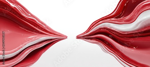 Abstract red and white flowing paint textures creating a dynamic wave pattern on a smooth surface, emphasizing color contrast and fluidity in a minimalist composition