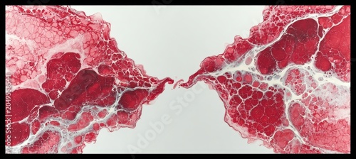 Abstract red and white fluid art painting with intricate patterns and textures, showcasing organic shapes and flowing lines on a clean background