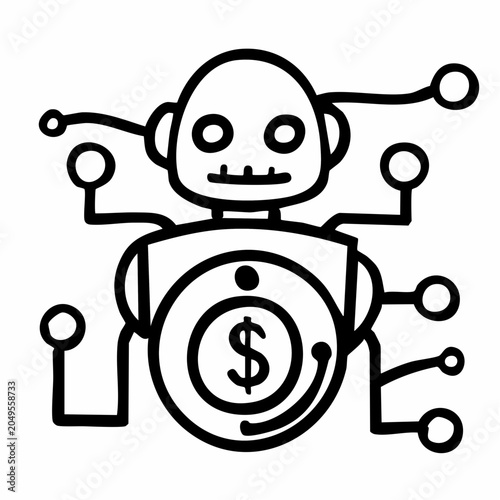 Fintech AI Robot Icon with Dollar Coin and Digital Circuit Technology Vector Illustration