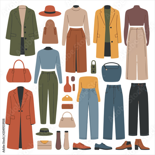 Stylish women's fall wardrobe icons for fashion design,

Set of modern winter outfits and aesthetic clothing flat vectors.