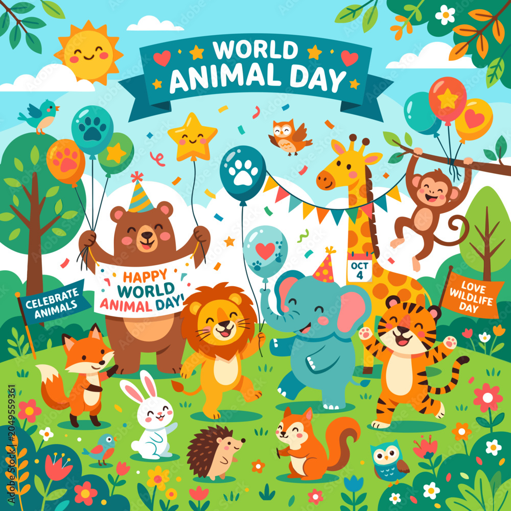 Fototapeta premium Cute Cartoon Wildlife Creatures Celebrating World Animal Day in a Vibrant Forest Setting