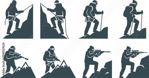 фотографія Military Mountain Operations Silhouette Collection with Tactical Soldiers, Snipe