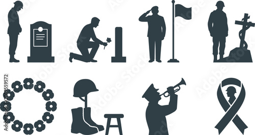 Photos Military Memorial and Remembrance Icon Collection with Fallen Soldier Tribute, V