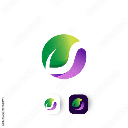 Modern circular logo combining a green leaf and purple swoosh, designed as an app icon and brand emblem.