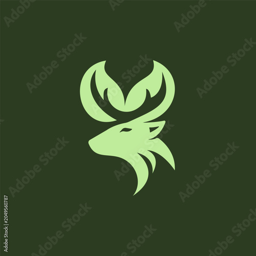 Modern green deer head logo with leaf design element