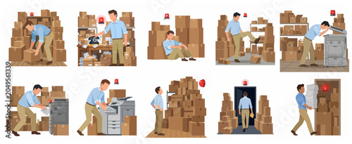Stressed Office Worker Overwhelmed by Heavy Workload and Cardboard Boxes Vector Illustration Set