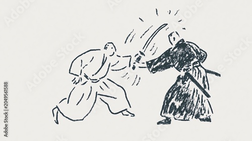 Samurai sword fight sketch illustration. Martial arts