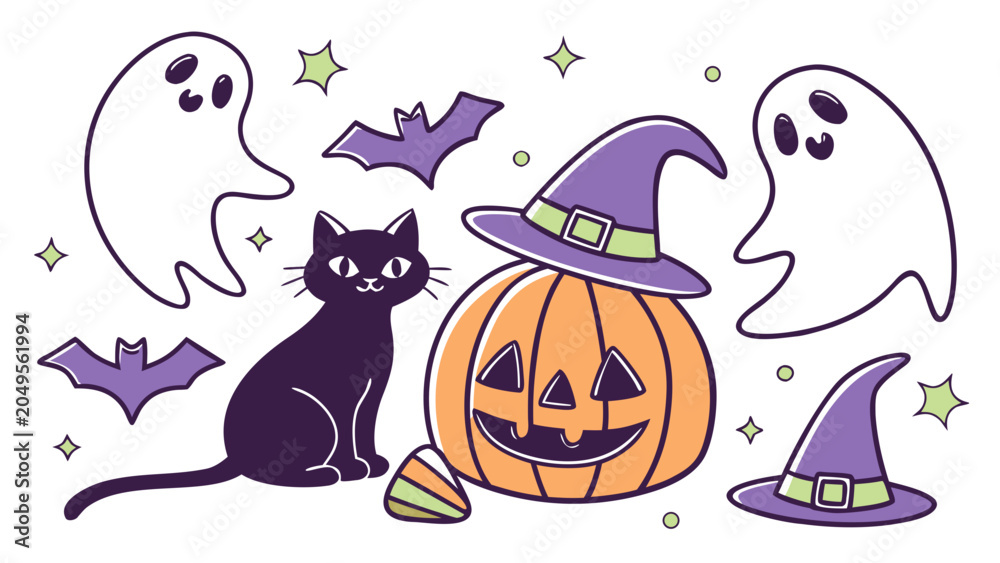 Fototapeta premium Halloween cartoon with black cat, pumpkin lantern, cute ghosts, candy and witch hat isolated on white background