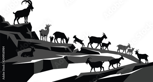 Schilderij op canvas Mountain Goat Herd Silhouette Landscape with Alpine Cliffs, Rocky Terrain, Wildl