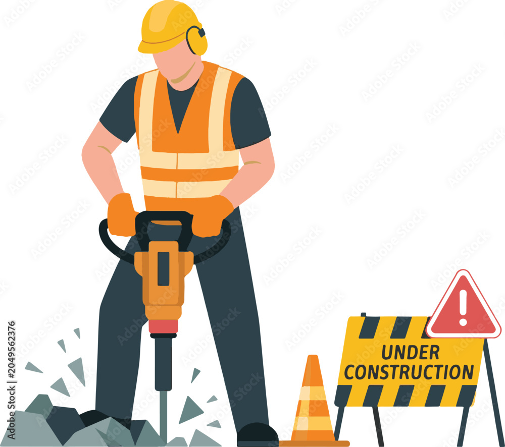 Fototapeta premium Construction Worker Carrying Ladder with Under Construction Sign and Safety Equipment