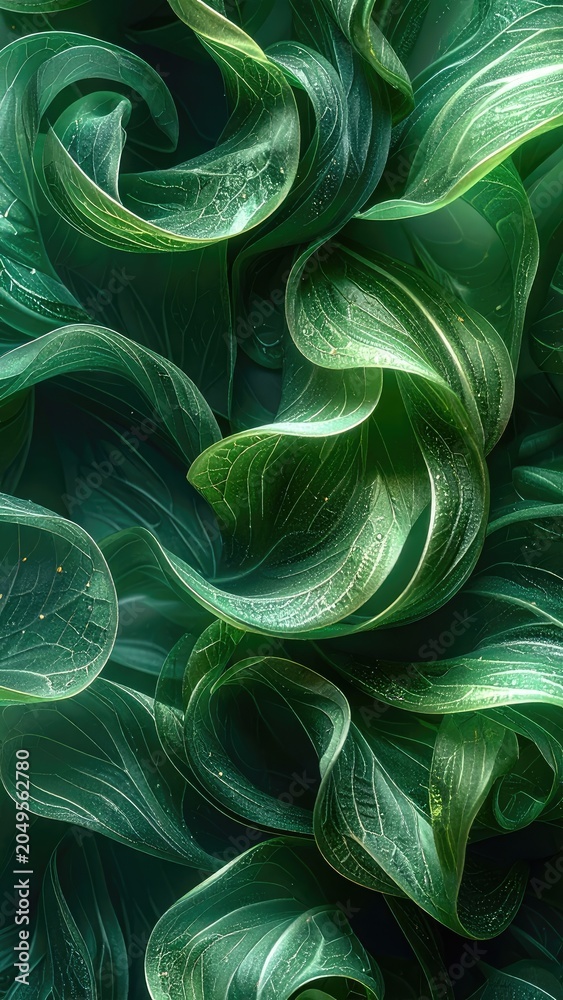 Obraz premium Abstract composition of lush green leaves with delicate veins and subtle shimmering effects.