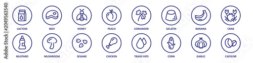 Food Allergens and Ingredients Line Icons Set with Lactose Soy Honey Peach Coriander Gelatin Banana Crab Mustard Mushroom Sesame Chicken Trans Fats Corn Garlic and Caffeine Outline Symbols