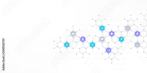 Medical background and healthcare technology with flat icons and symbols. Concept and idea for health care business, innovation medicine, health safety, science, medical research, and development.