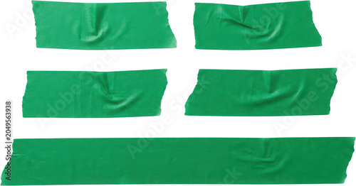 Five torn strips of vibrant green adhesive tape are arranged in a pattern showing texture and wrinkles on their surfaces green tape masking tape torn tape sticky tape tape strips