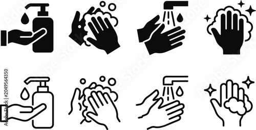 Tableau sur toile hand wash icon minimalist set with soap dispenser, water drops, and clean bubble