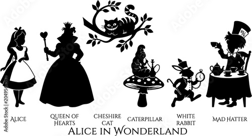 Alice in Wonderland Silhouette Vector Set - Fairytale Characters Queen of Hearts Cheshire Cat Mad Hatter Tea Party and White Rabbit Logo Design Template