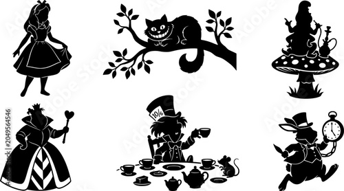 Alice in Wonderland Silhouette Vector Set - Fairytale Characters Queen of Hearts Cheshire Cat Mad Hatter Tea Party and White Rabbit Logo Design Template