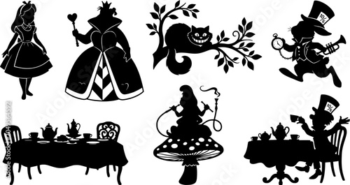 Alice in Wonderland Silhouette Vector Set - Fairytale Characters Queen of Hearts Cheshire Cat Mad Hatter Tea Party and White Rabbit Logo Design Template