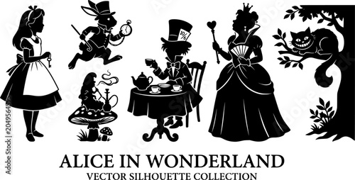Alice in Wonderland Silhouette Vector Set - Fairytale Characters Queen of Hearts Cheshire Cat Mad Hatter Tea Party and White Rabbit Logo Design Template
