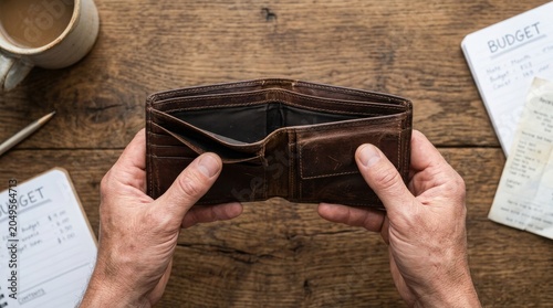 Man's Hands Holding Empty Wallet on Wooden Table with Budget Planning
