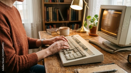 Person Working on a Vintage Computer Keyboard at a Rustic Wooden Desk