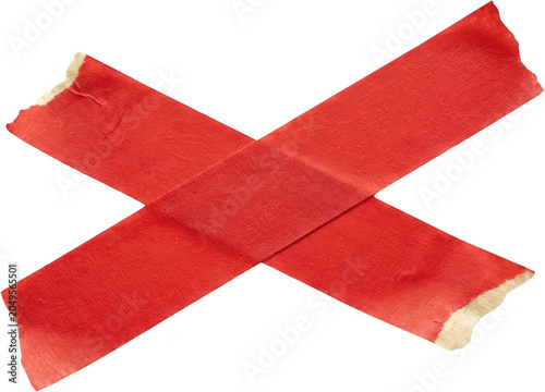Two strips of textured red masking tape are crossed in an X shape with torn edges visible against a white expanse red tape adhesive tape craft supplies symbol prohibition
