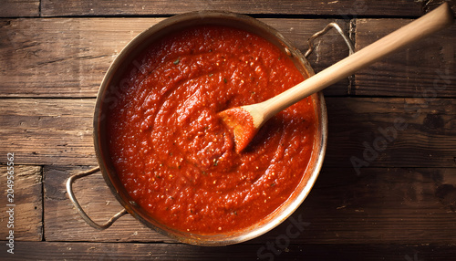 Stirring marinara sauce in a pan