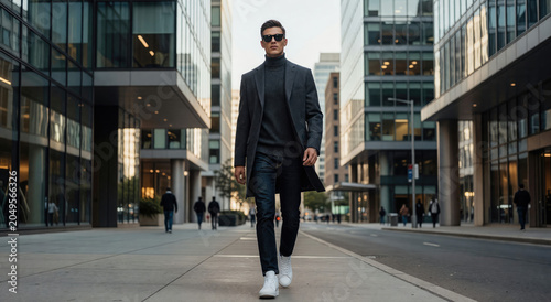 Man walking down city street wearing coat and sunglasses. Young businessman in casual attire strolling through urban district near skyscraper. Modern lifestyle and fashion look in city.