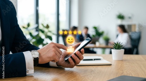 Man Giving Five Star Rating and Thumbs Up on Smartphone for Customer Feedback