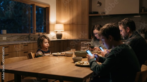 A lonely young child sits completely ignored at the family dining table, looking sad as parents and older sibling are entirely absorbed by their glowing smartphones in the background