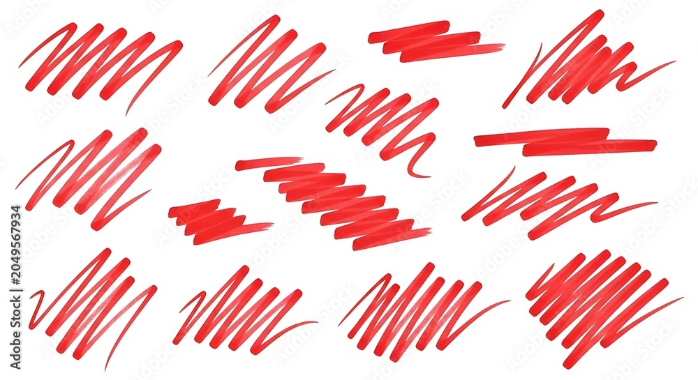 Fototapeta premium Collection of red marker strokes and hand-drawn scribbles, ideal for highlighting, underlining, and adding expressive graphic accents to designs