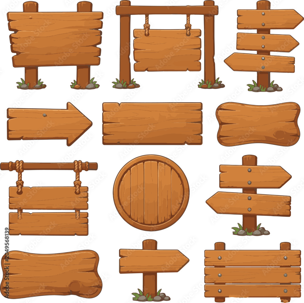 Fototapeta premium Set of cartoon wooden signs, empty planks and direction pointers isolated on white background