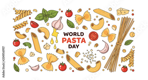 Bild auf Leinwand Colorful pasta day graphic with various shapes