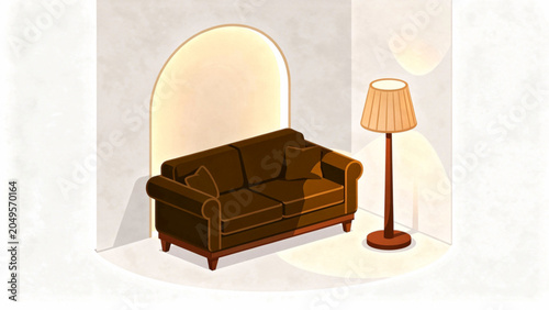 Cozy brown sofa with cushions next to standing floor lamp in contemporary living room