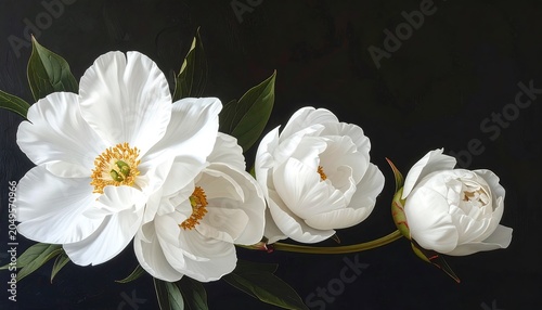 Close-up of white flowers, in various stages of bloom, with green leaves, set against a dark background