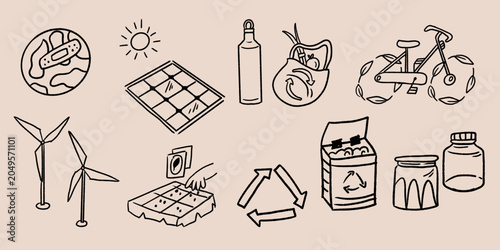 Hand-drawn outline doodle illustration featuring eco-living and green technology concepts. 