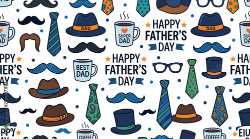 Happy father's day seamless pattern with hats ties and mustaches